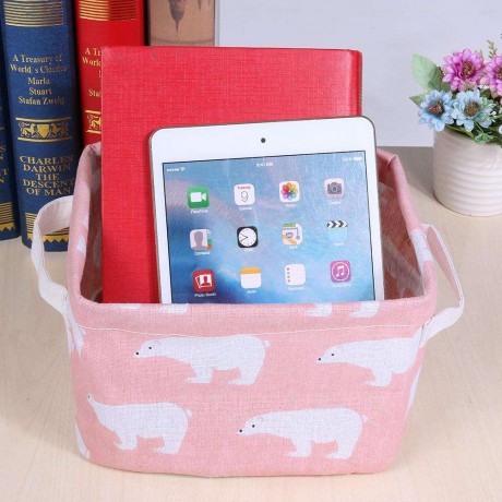 Fold Cotton Linen Desktop Sundries Storage Basket Home Organizer(Pink Bear