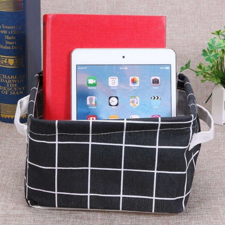 Plaid Cotton Linen Desktop ?Cosmetics Storage Basket Sundries Holder(Black