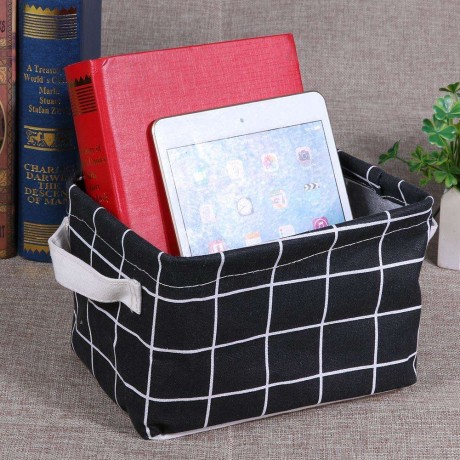 Plaid Cotton Linen Desktop ?Cosmetics Storage Basket Sundries Holder(Black