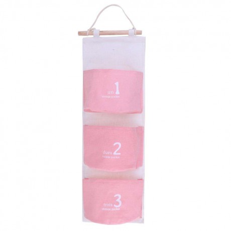 3 Pockets Wall Hanging Bag Keys Storage Holder Organizer Door Bag(Pink)