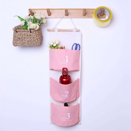 3 Pockets Wall Hanging Bag Keys Storage Holder Organizer Door Bag(Pink)