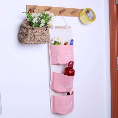 3 Pockets Wall Hanging Bag Keys Storage Holder Organizer Door Bag(Pink)