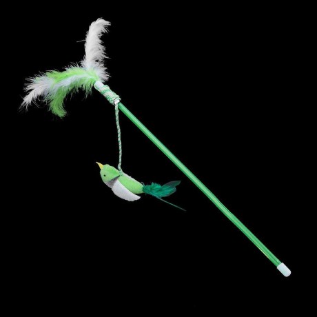 Pet Teaser Feather Stick Cats Catch Interactive Train Wand Toys (Green Bird