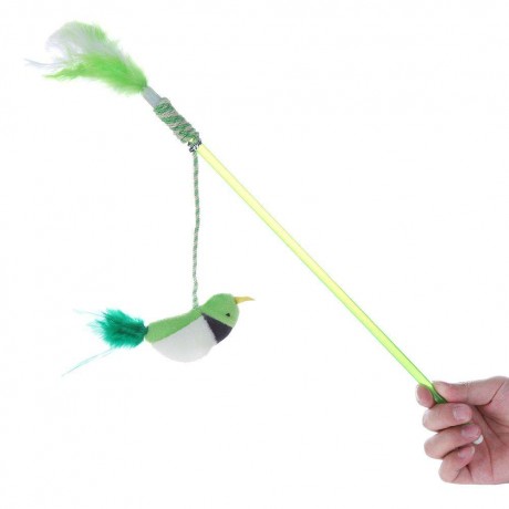 Pet Teaser Feather Stick Cats Catch Interactive Train Wand Toys (Green Bird