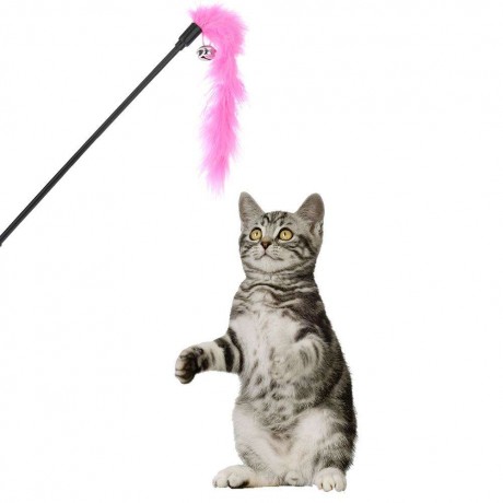 Pet Teaser Feathers Bell Stick Cats Catcher Interactive Wand Toys (Pink)