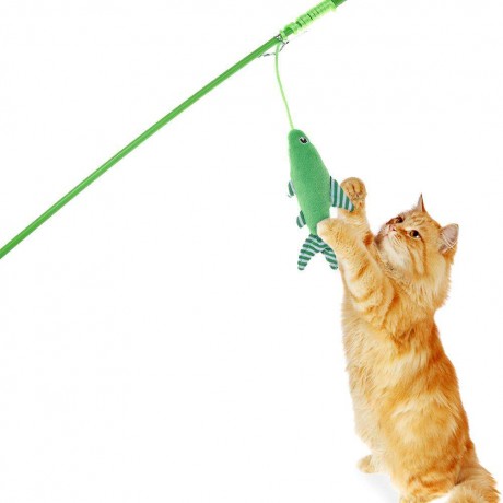 Pets Teasing Fish Rod Cat Scratch Play Training Wand Interactive Toy (Green