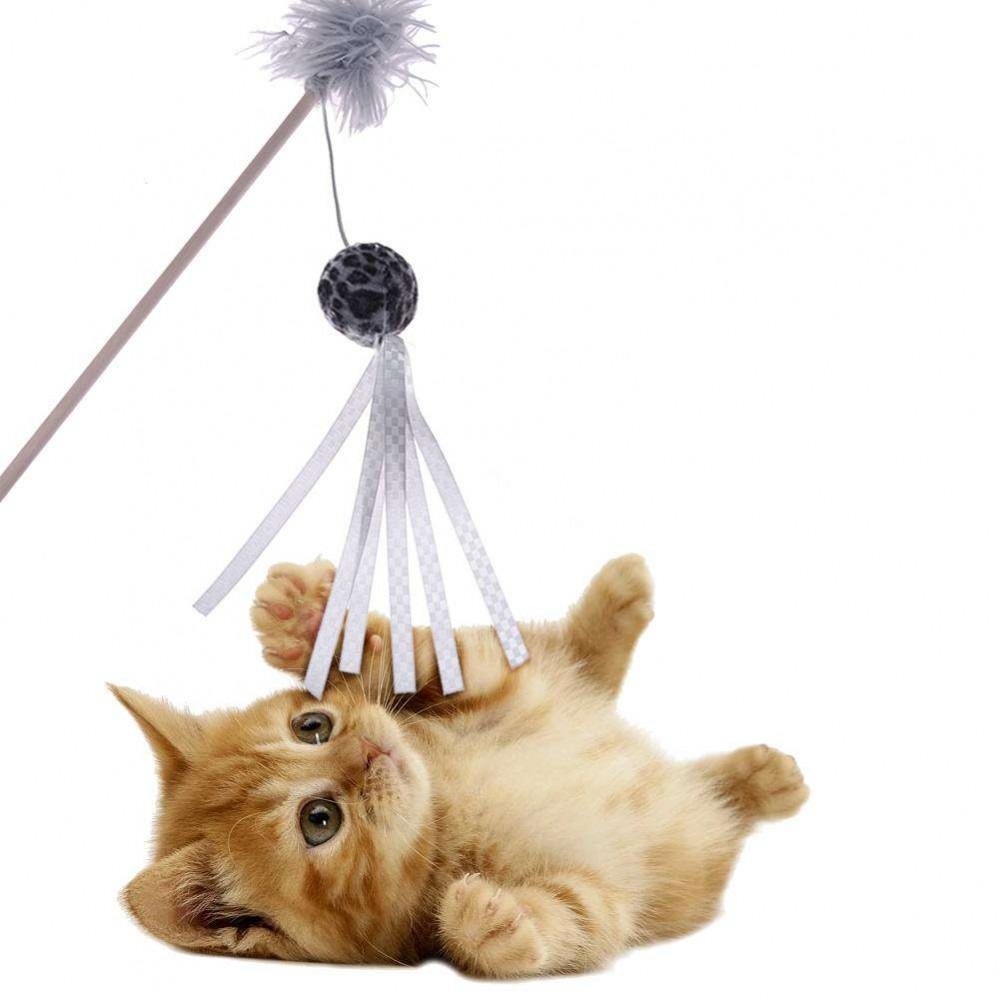 Pets Leopard Ball Ribbon Teaser Rod Cats Scratch Wand Interactive Toy (Grey