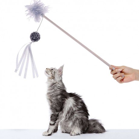 Pets Leopard Ball Ribbon Teaser Rod Cats Scratch Wand Interactive Toy (Grey