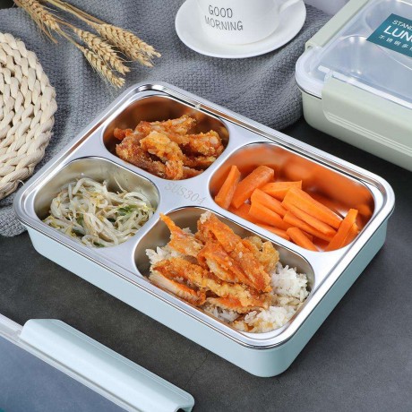 Stainless Steel Lunch Box Food Container Thermal Compartment Bento (Blue M)