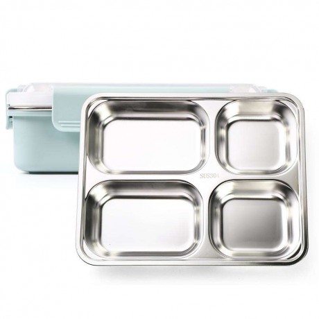 Stainless Steel Lunch Box Food Container Thermal Compartment Bento (Blue M)