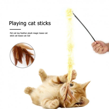 Pet Cat Plush Feather Sticks Interactive Playing Teaser Rod Toys (Yellow)