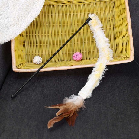 Pet Cat Plush Feather Sticks Interactive Playing Teaser Rod Toys (Yellow)